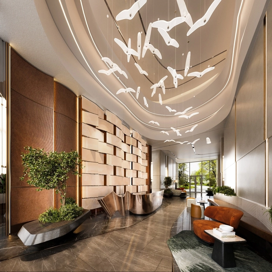 Phối cảnh không gian sảnh chờ thiết kế theo phong cách Quiet Luxury của tháp Orion.