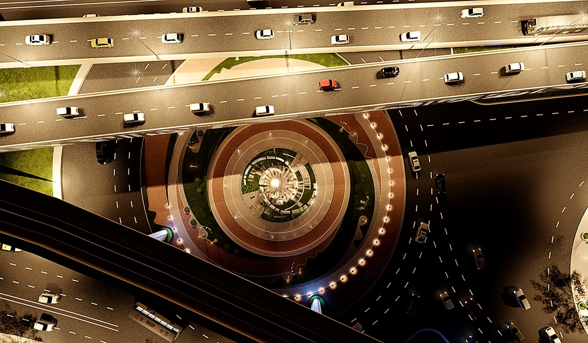 Cận cảnh thiết kế n&uacute;t giao với đường Kinh Dương Vương. Ở n&uacute;t giao n&agrave;y sẽ c&oacute; cầu vượt, đảo tr&ograve;n gi&uacute;p giảm xung đột c&aacute;c hướng đi, kết hợp nhiều hạng mục cảnh quan xung quanh.