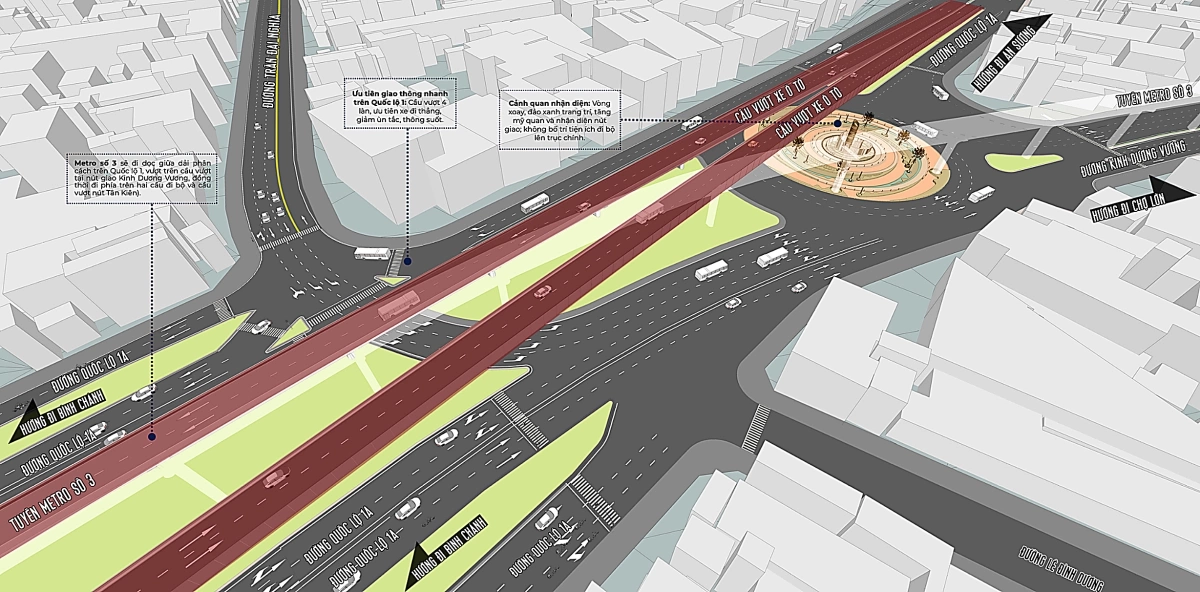 Phương &aacute;n thiết kế c&aacute;c hướng đi v&agrave; tổ chức giao th&ocirc;ng ở khu vực n&uacute;t giao với đường Kinh Dương Vương.