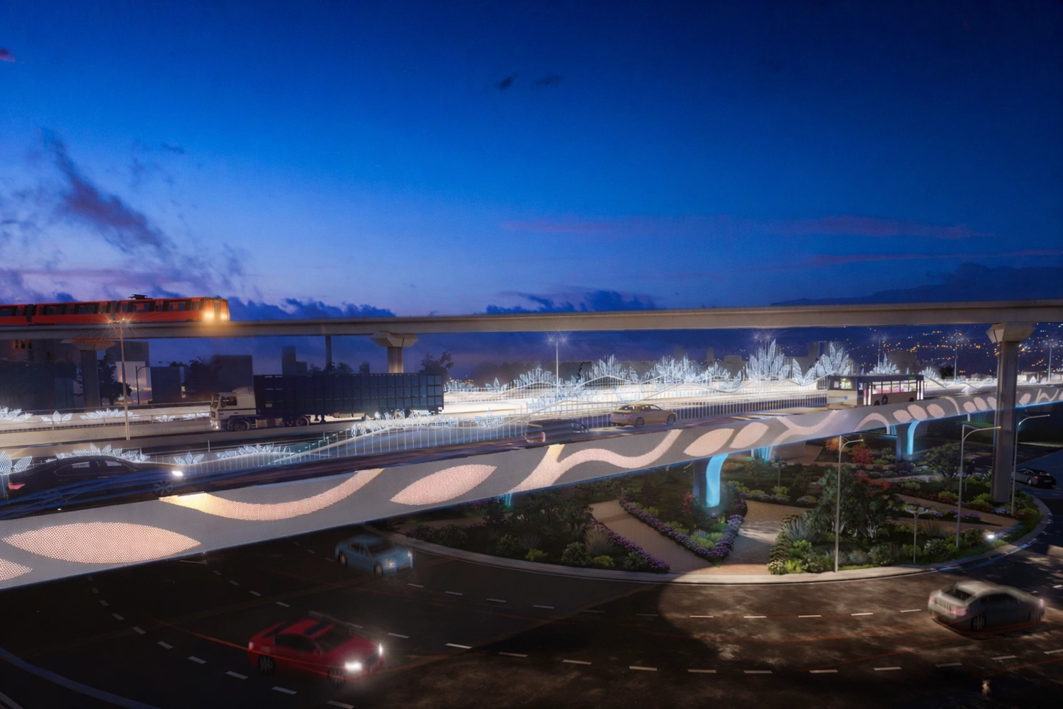 Thiết kế n&uacute;t giao B&igrave;nh Thuận. Khu vực n&agrave;y kết nối c&aacute;c tuyến Nguyễn Văn Linh, cao tốc TP HCM - Trung Lương, tương lai sẽ c&oacute; tuyến Metro số 3 ở th&agrave;nh phố đi qua.