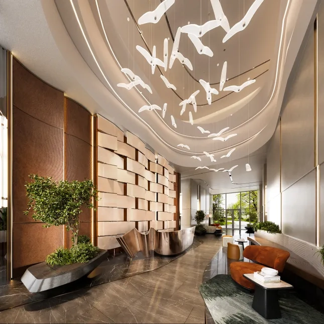 Royal lobby - Sảnh đón nổi bật của tháp ORION – TT AVIO, không gian kết nối nội thất sang trọng và cảnh quan thiên nhiên xanh mát
