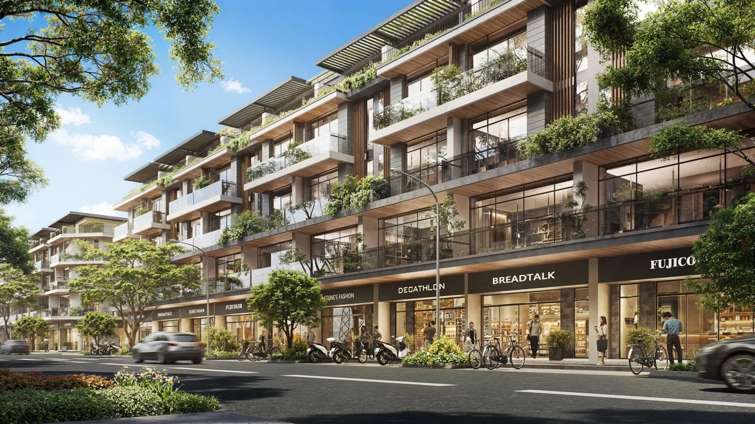 Khu vực thương mại được quy hoạch nhằm tạo d&ograve;ng người v&agrave; h&igrave;nh th&agrave;nh nhịp giao thương tại dự &aacute;n.